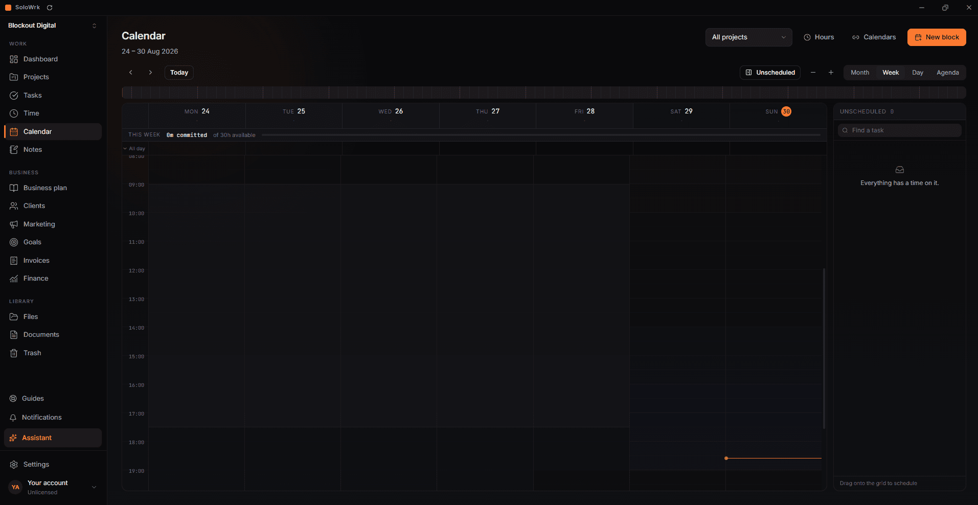 The SoloWork calendar showing committed hours